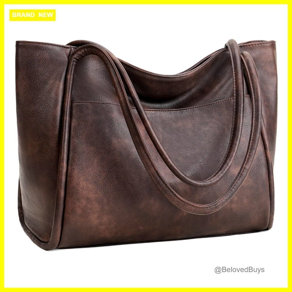 Large Vegan Leather Tote Bag with Zipper for Work Travel Laptop